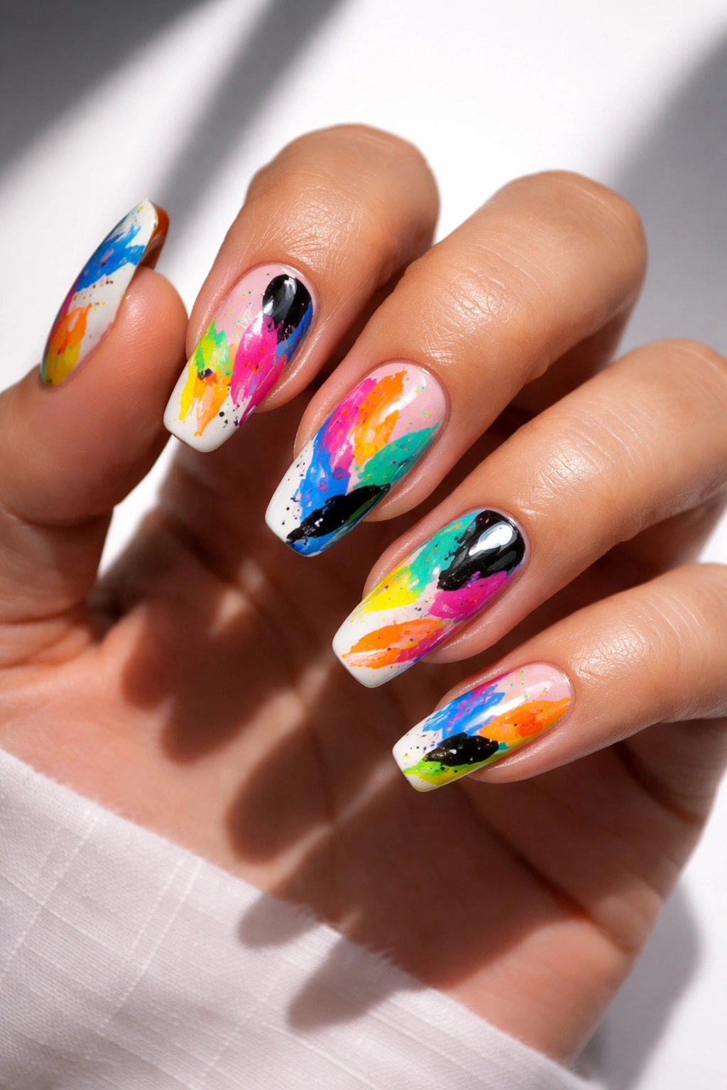Abstract nail art with irregular shapes and splatters on medium-length nails