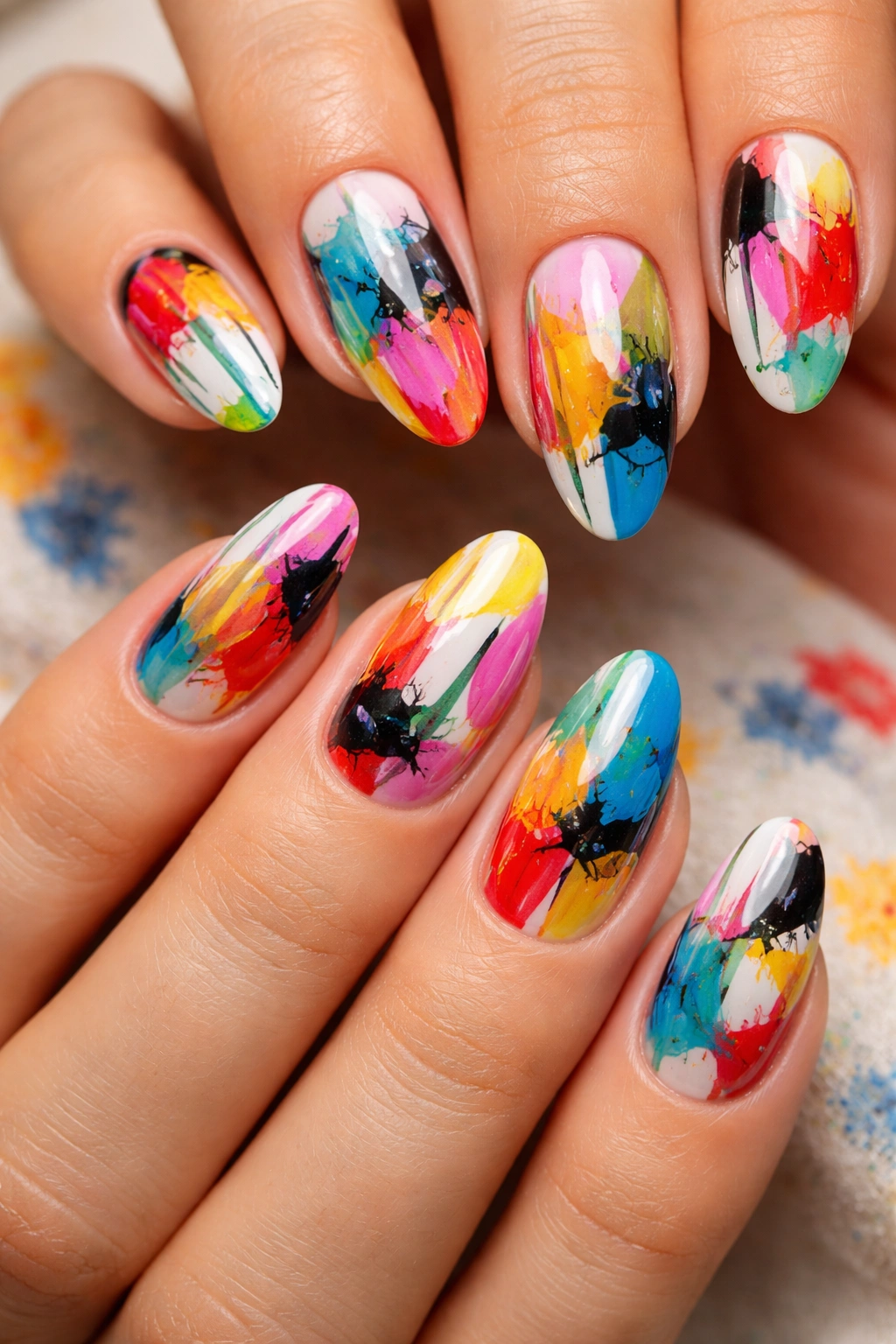 Nails painted with abstract strokes and color blocks