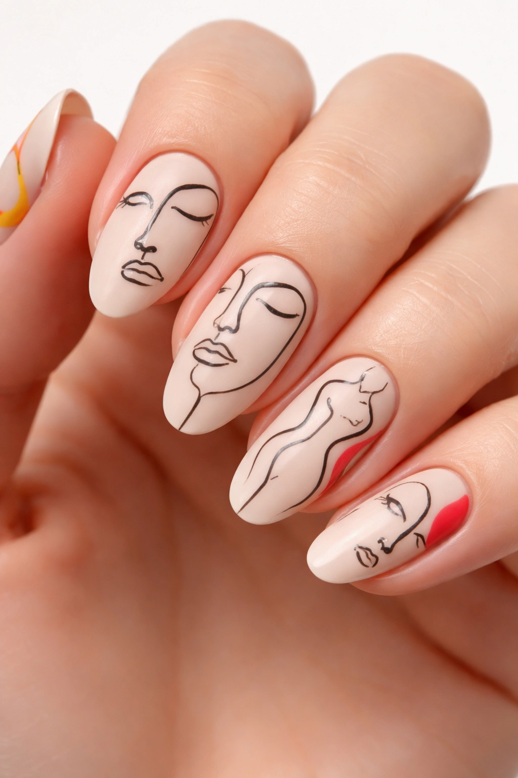 Nails with minimalist abstract faces and body forms in black linework