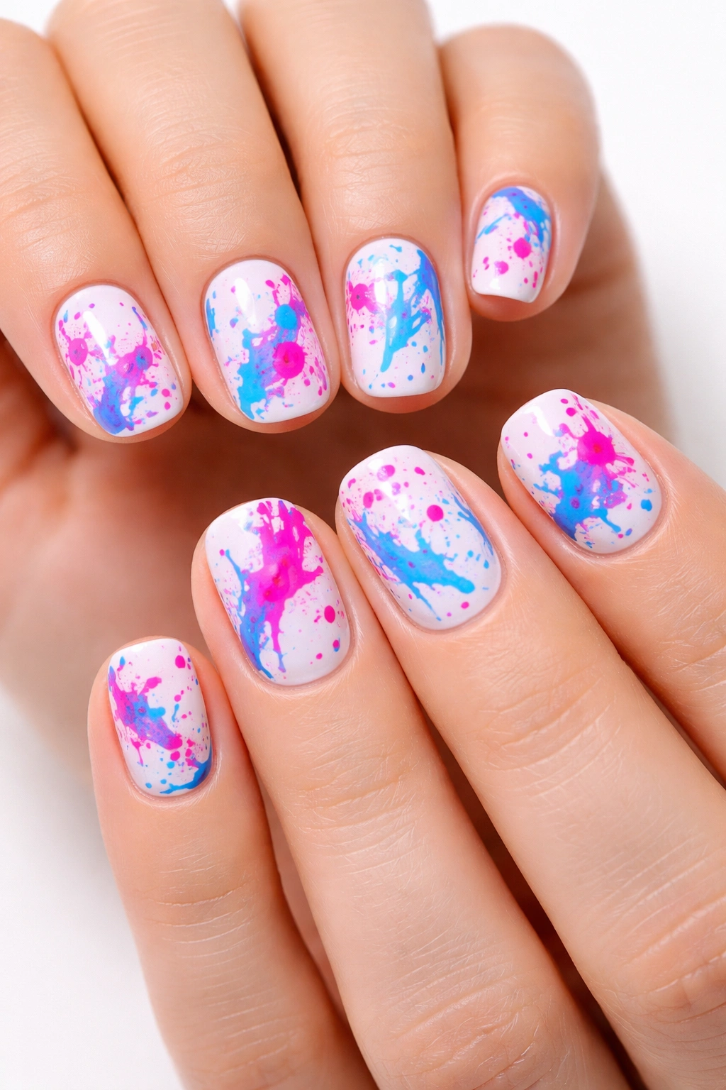 Nude base nails with neon pink and electric blue splatters