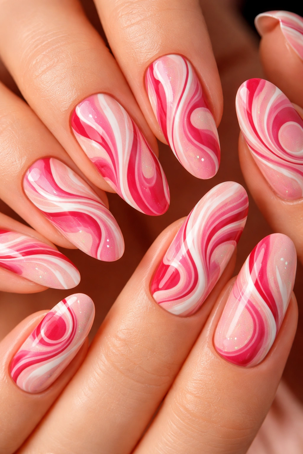Nails with fluid abstract swirls in Valentine colors
