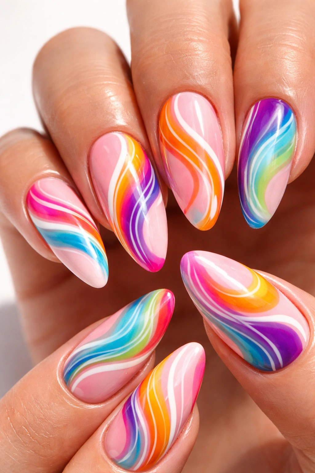 Close-up of abstract swirl almond nails with colorful patterns