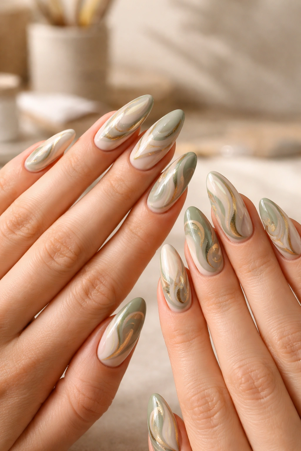 Almond nails with abstract gold and cream swirls on sage green palette