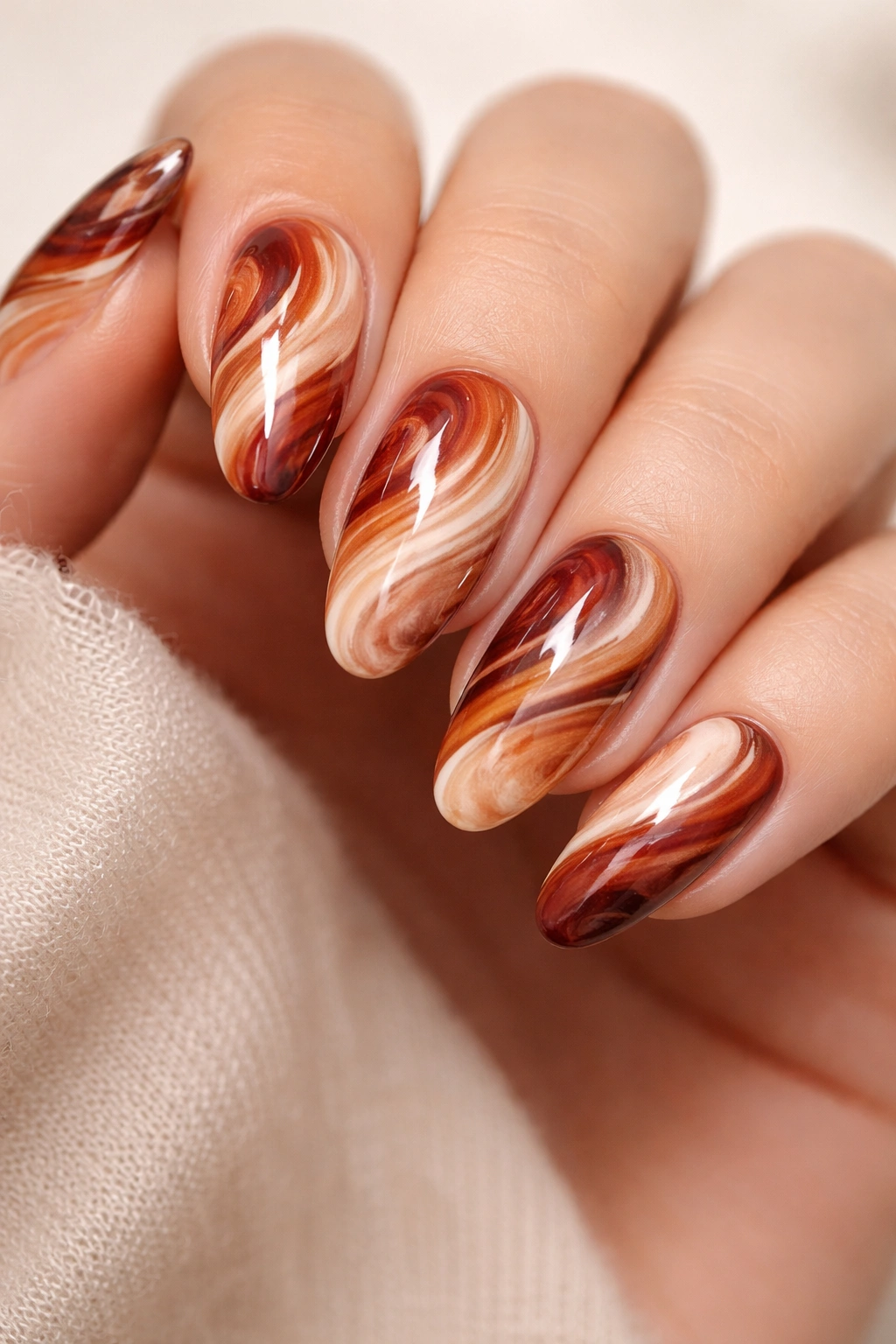 Close-up of nails with marble-like abstract swirl art in fall colors