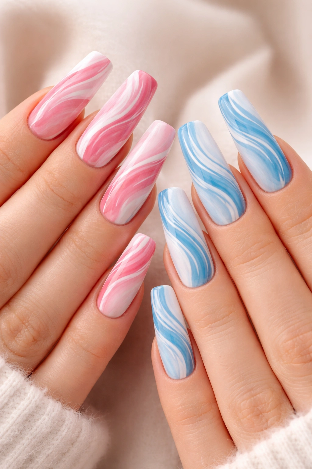 Nails with pink-white and blue-white abstract swirl patterns on two hands