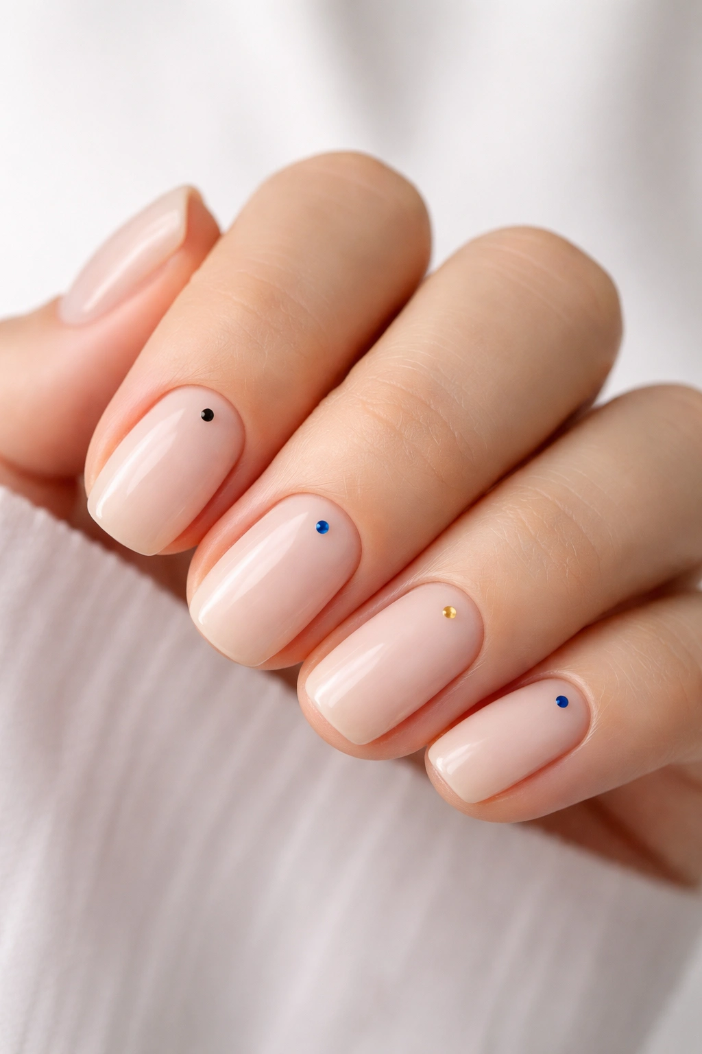 Close-up of nails with neutral polish and small dots on each nail