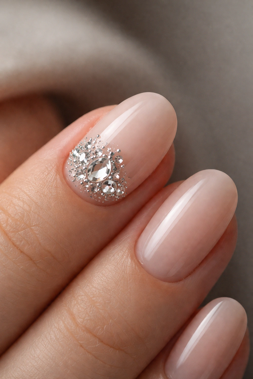 Close-up of a short oval ring finger nail with a crystal cluster near the cuticle