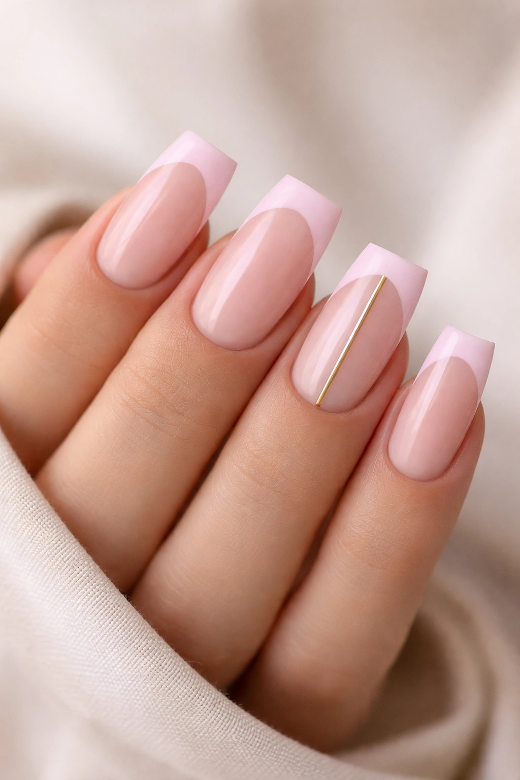 Close-up of duck nails with a minimalist accent nail featuring a gold stripe