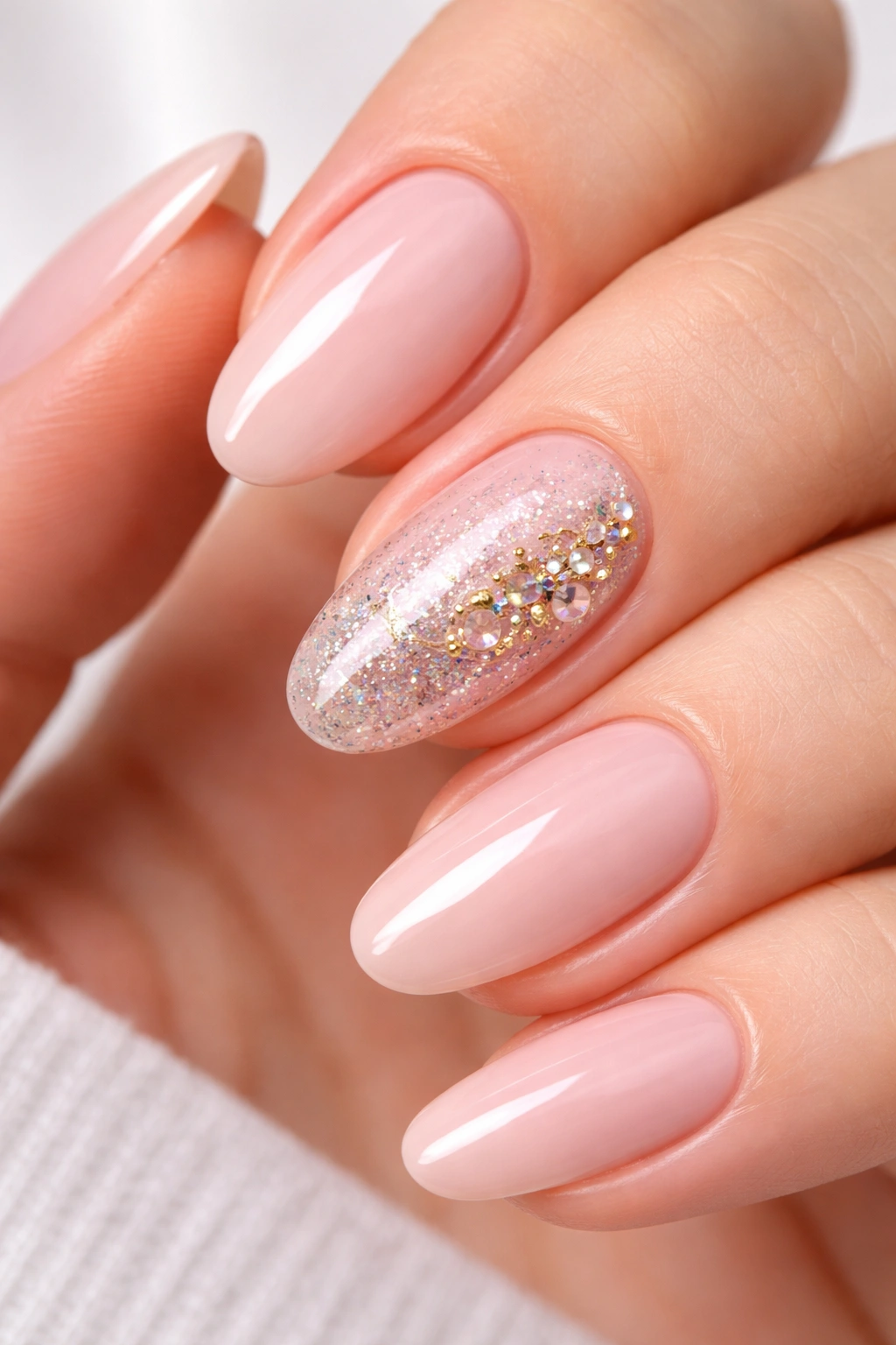 Close-up of an accent nail with detailed design on a neutral manicure.