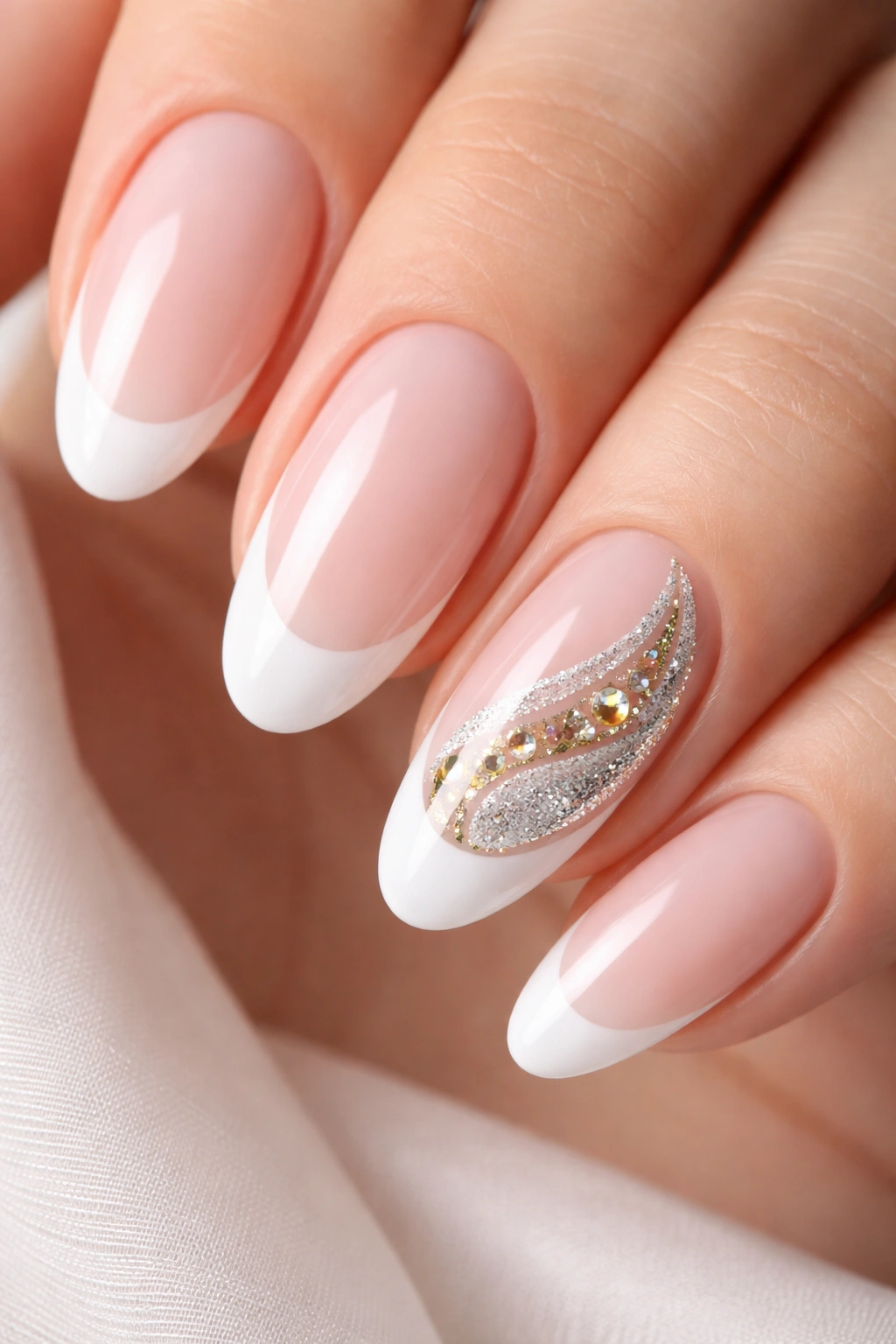 Close-up of an accent nail with elaborate contrast French tip