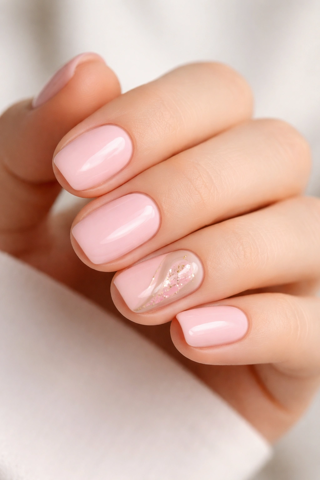 Close-up of nails with soft pink base and a single accent nail on the ring finger