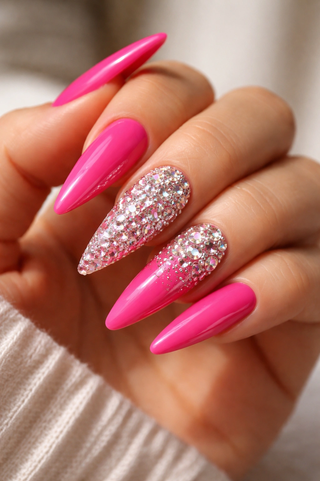 Hand highlighting accent nails with concentrated rhinestone design