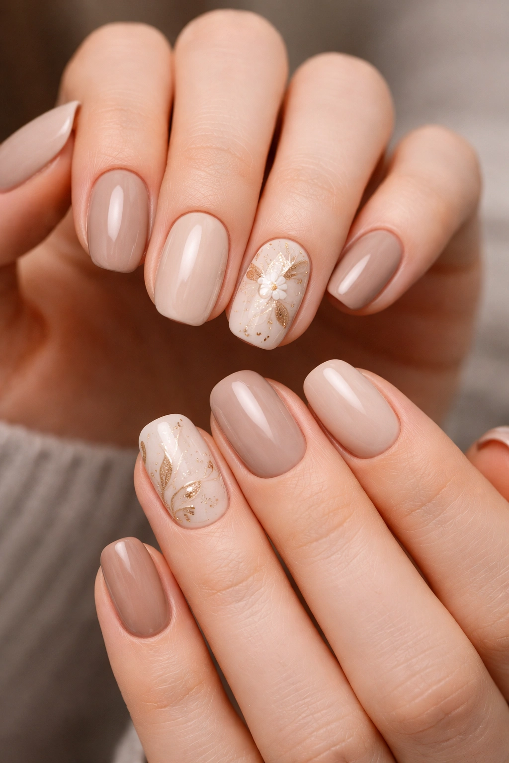 Close-up of two hands with nine neutral nails and one accent nail per hand in coordinated designs