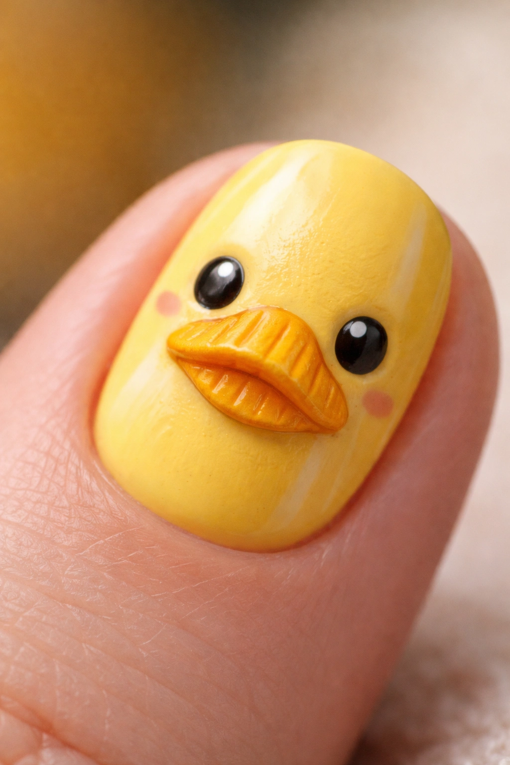 Yellow duck face with accordion-textured beak on a nail