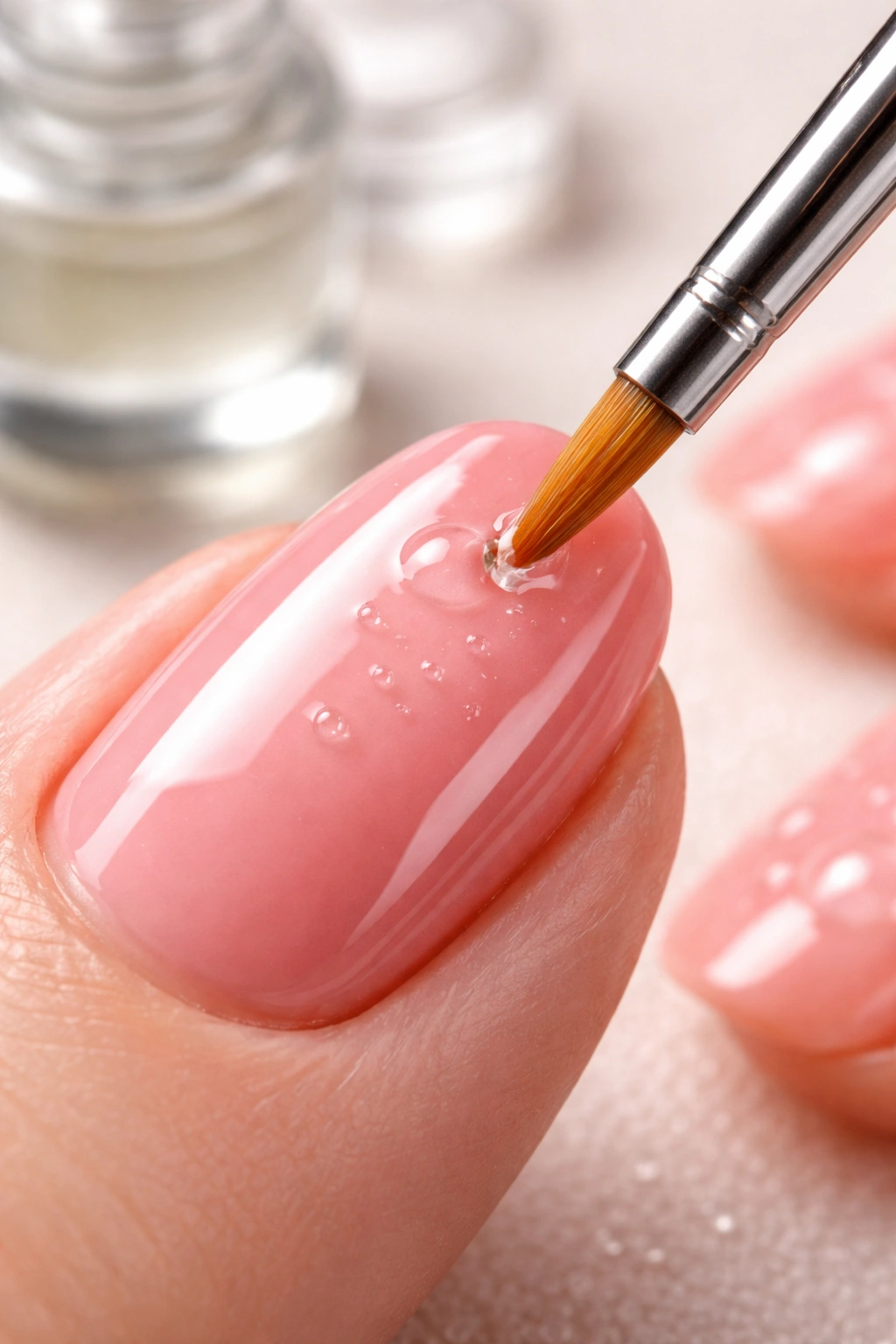 Nail with acetone-dampened brush applying to a bubble