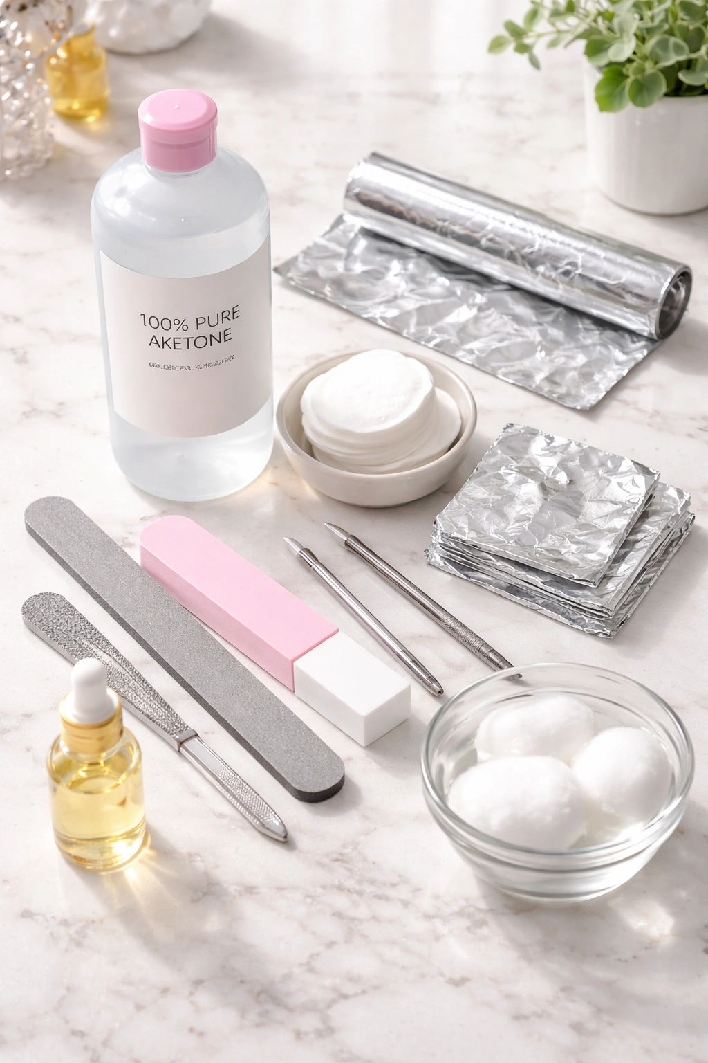 Flat lay of acetone, cotton pads, and aluminum foil for dip powder removal