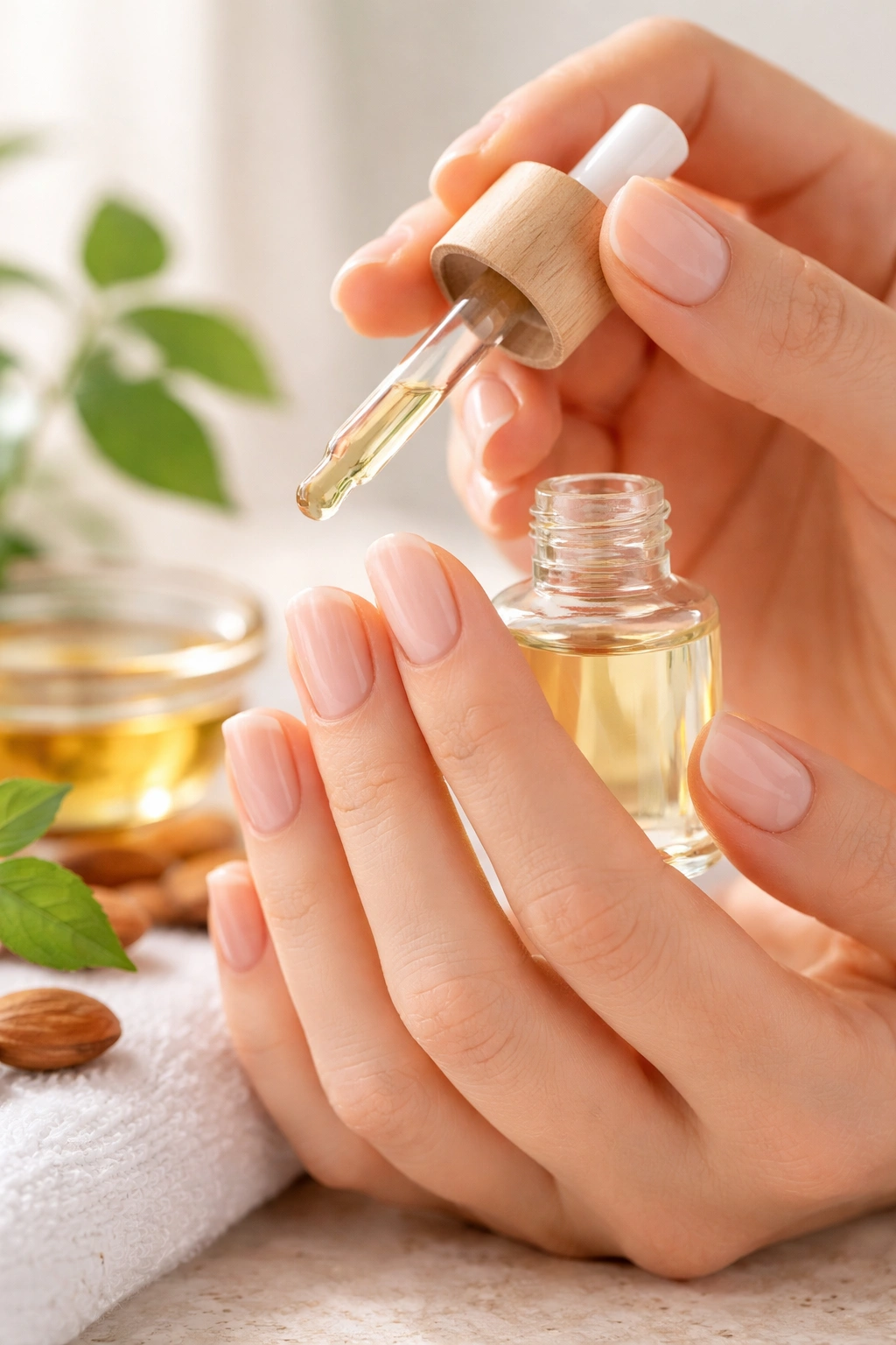 Close-up of a hand with healthy nails and a small unlabeled bottle of natural nail oil showcasing gentle care