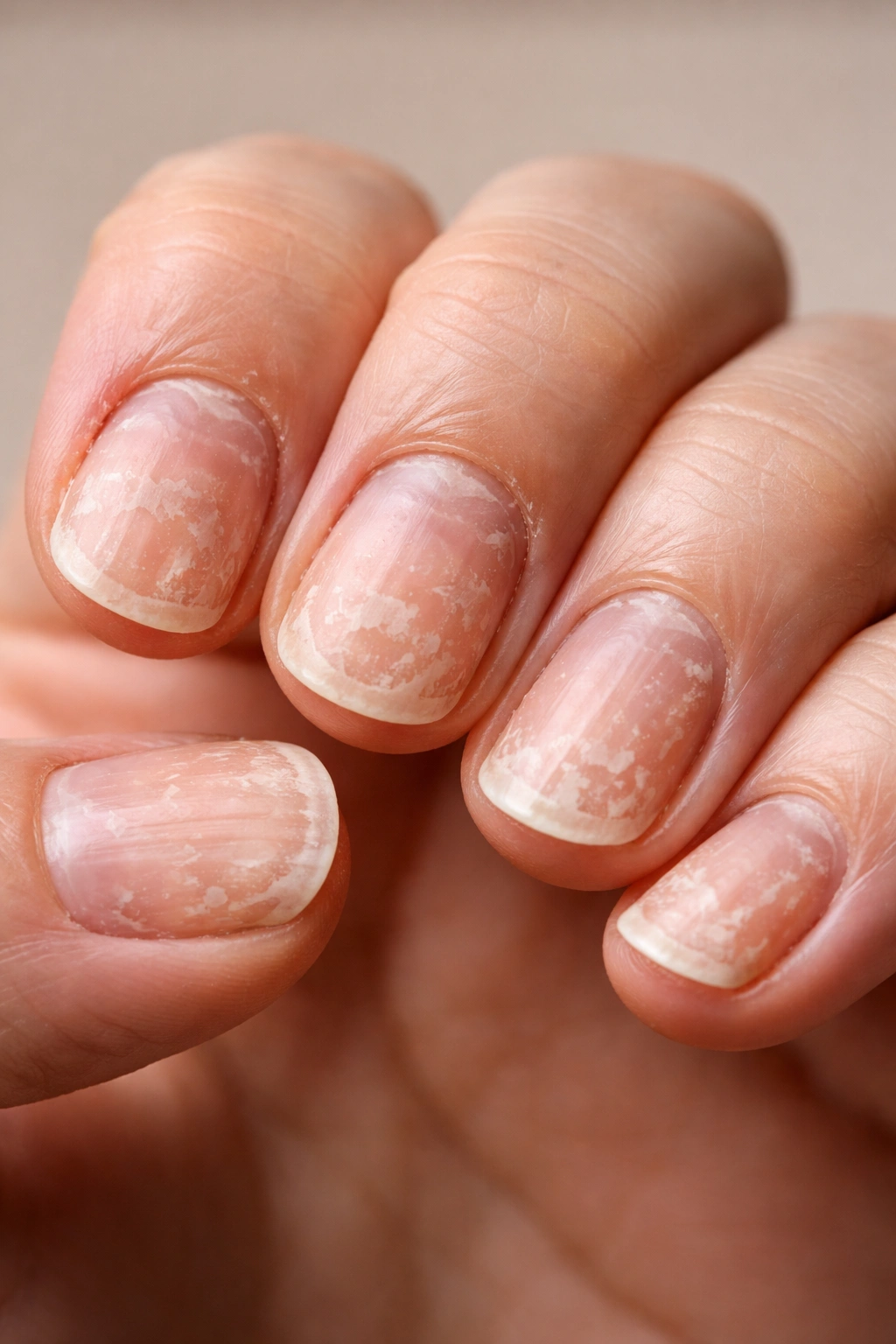 Macro close-up of nails showing dryness, brittleness and white spots after acetone exposure.