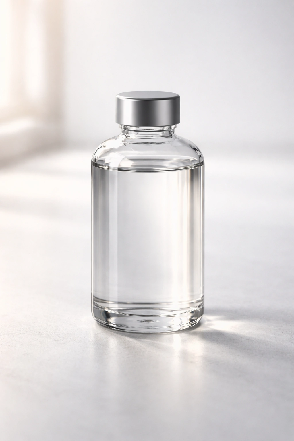 Close-up of a clear glass bottle containing pure acetone on a neutral surface