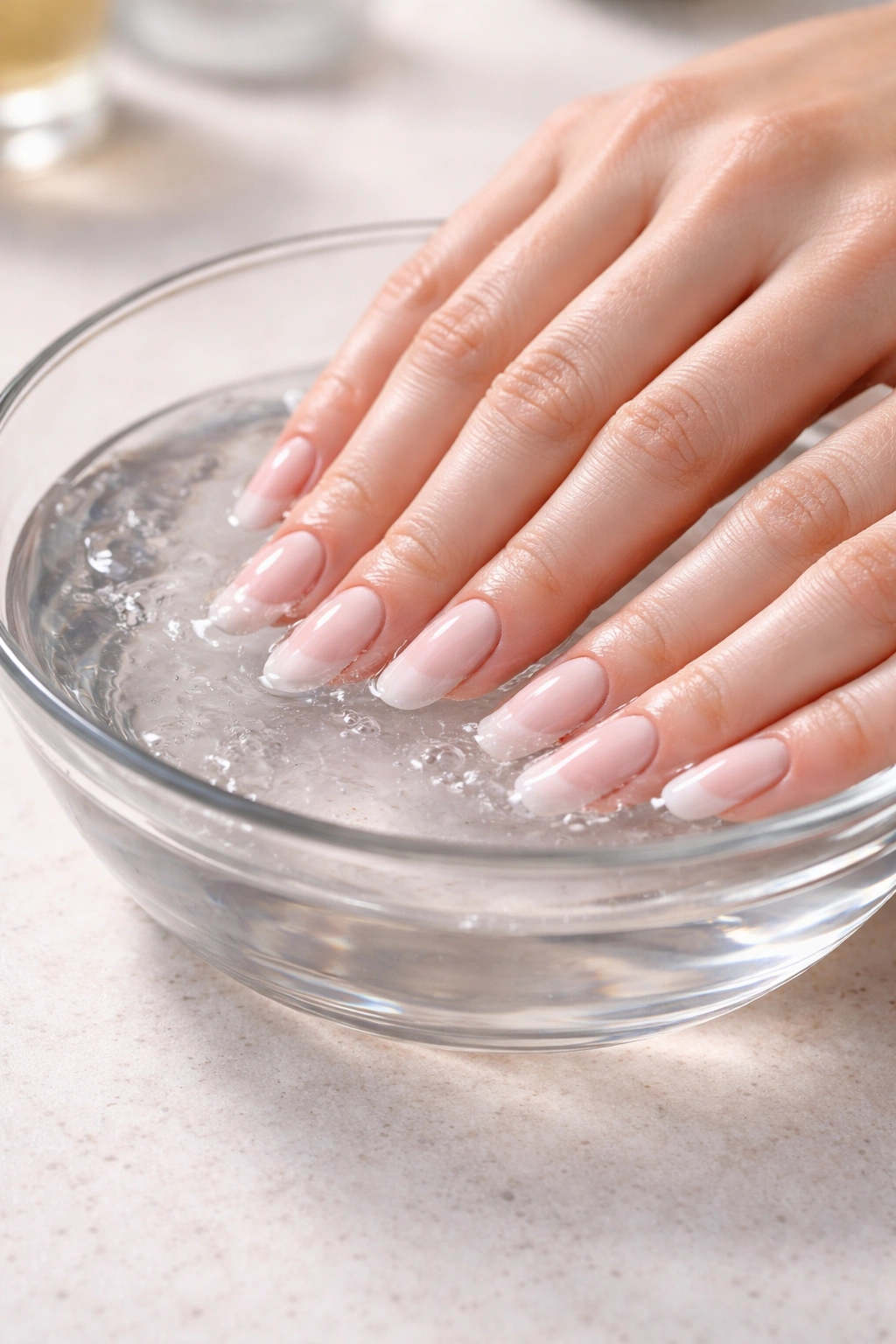 Hands soaking fingertips in acetone for gentle press-on removal