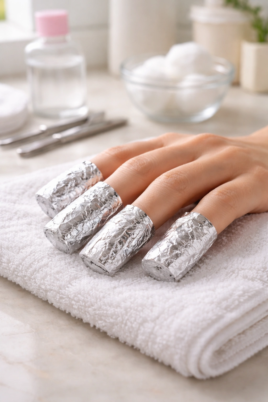 Hand with foil-wrapped nails soaking in acetone for acrylic removal