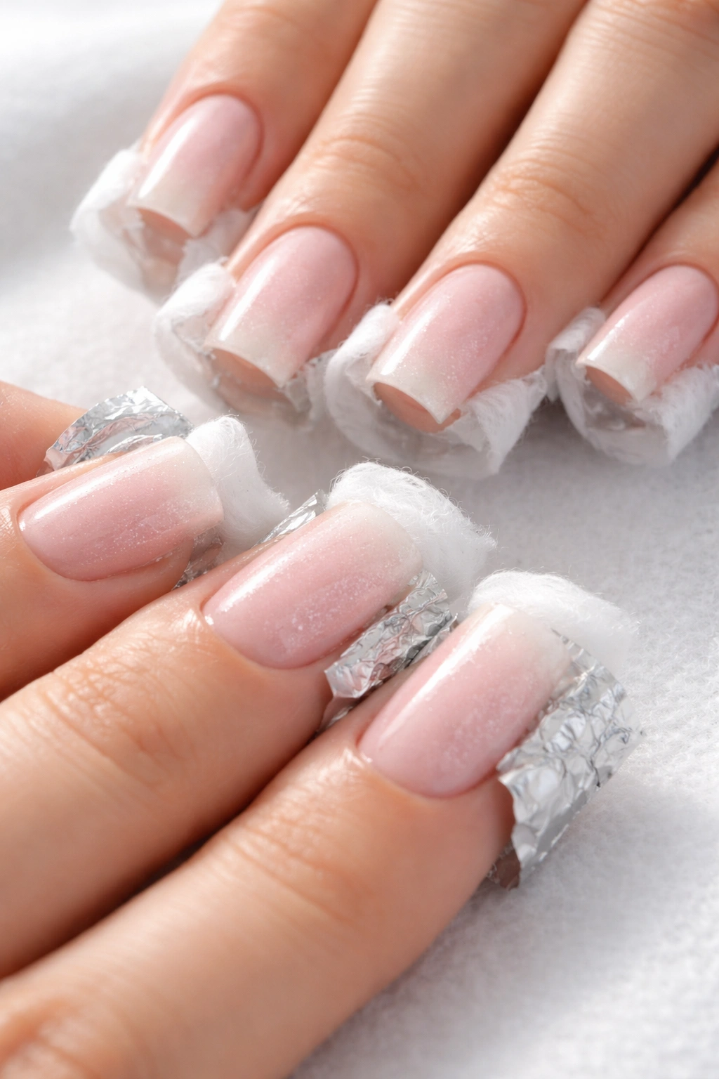Hands with acetone cotton wraps around nail edges showing clean edges
