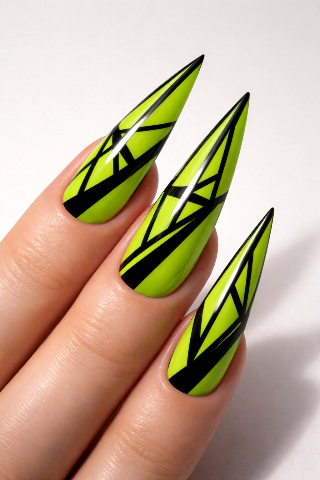 Acid green stilettos with black geometric lines on neutral background