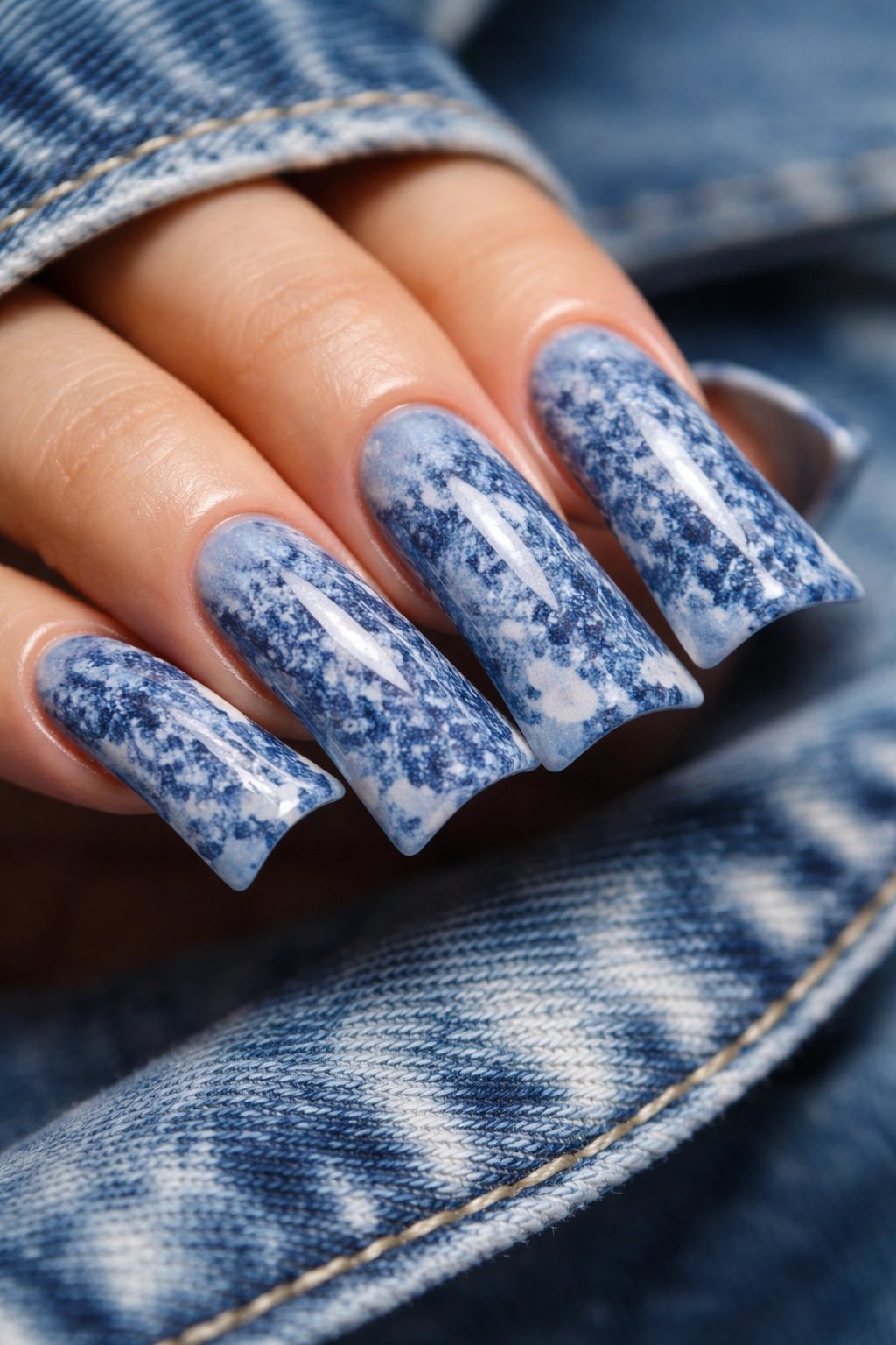 Close-up of elongated duck nails with acid wash blue pattern