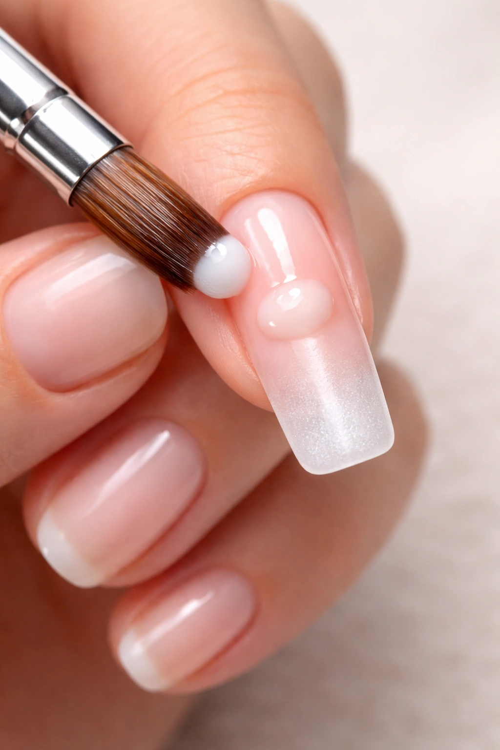 Close-up of nail being built with acrylic beads and smooth blend from cuticle to tip