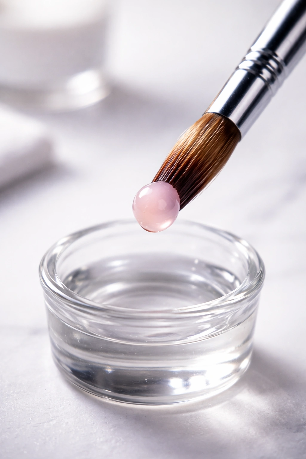 Close-up of a nail brush forming a glossy acrylic bead over a dappen dish