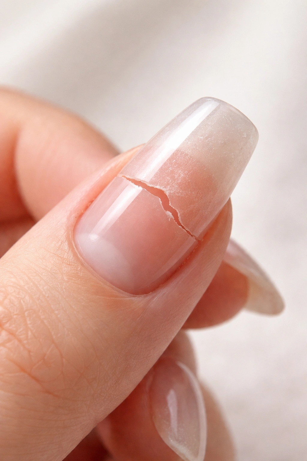 Macro close-up of acrylic nail with crack and potential gaps