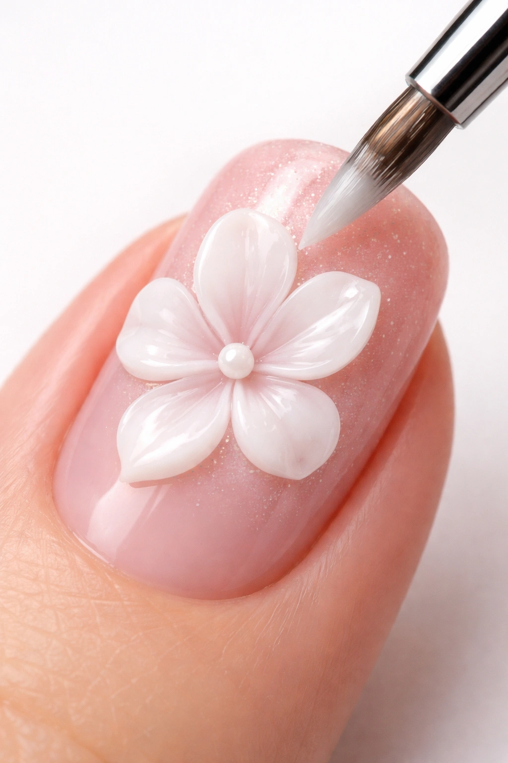Nail with a 3D acrylic/beaker gel petal being formed