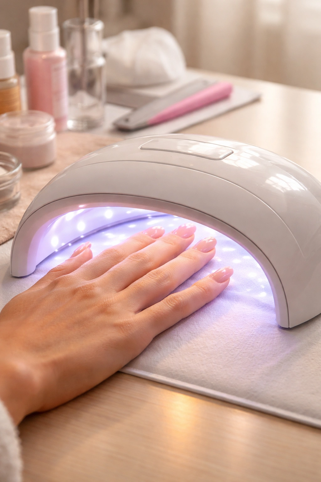 Nail under curing lamp with soft warm glow during acrylic cure