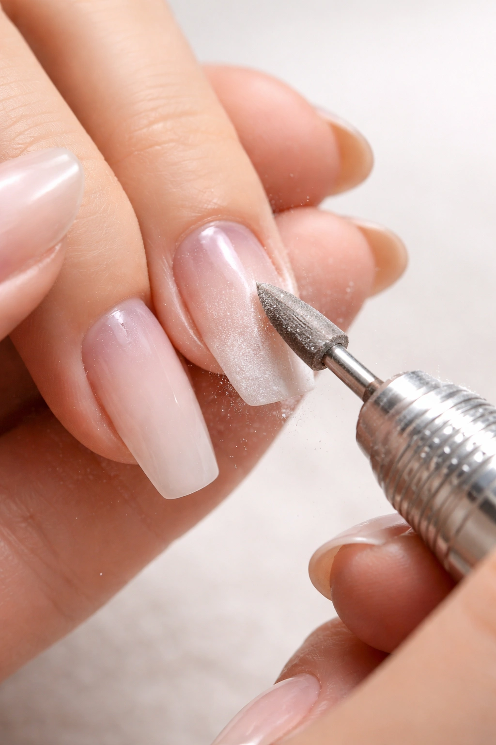 Nail technician filing acrylic nail during a fill appointment