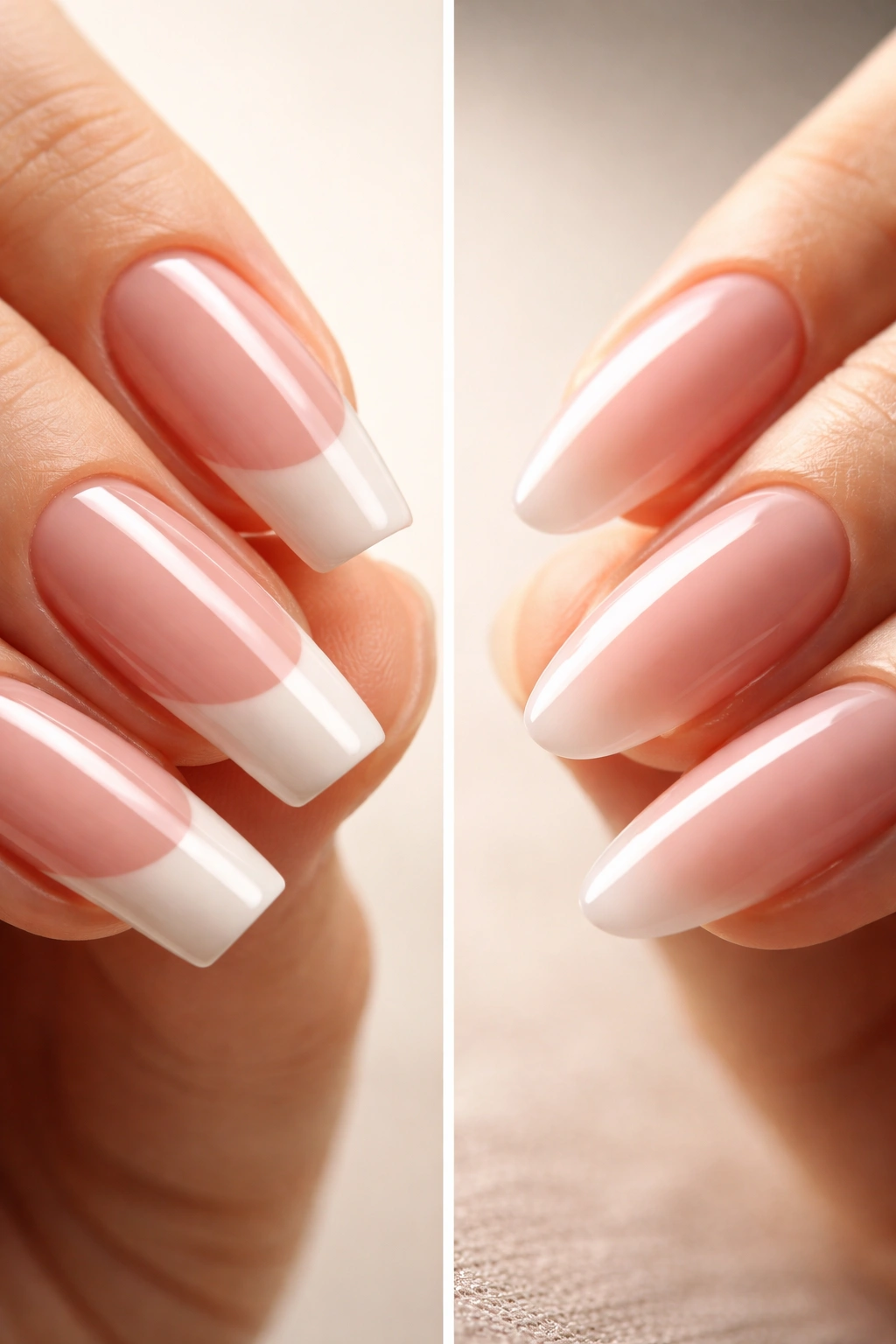 Close-up of acrylic and gel nails on two hands, highlighting nail thickness and shape