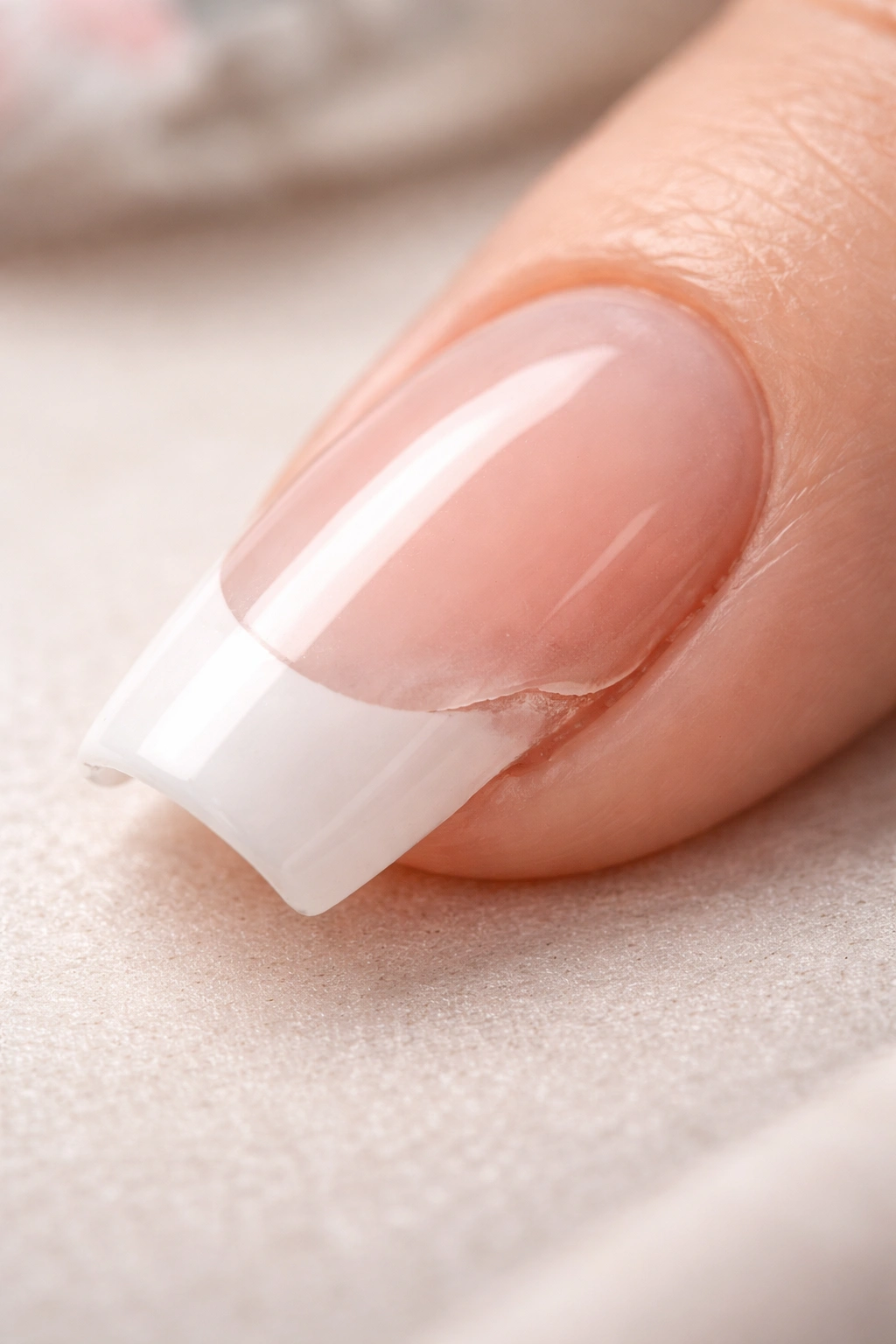 Close-up of acrylic nail lifting from natural nail bed with visible gap