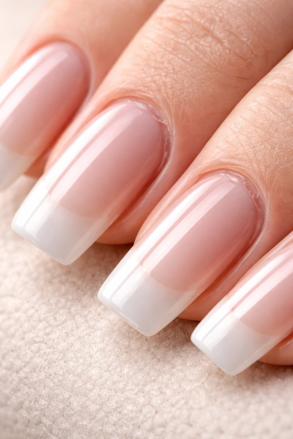 Close-up of acrylic nails showing lifting at the edges