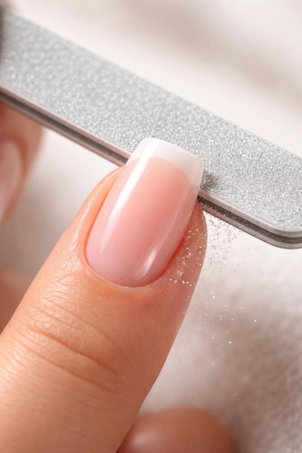 Close-up of a refined acrylic nail after repair