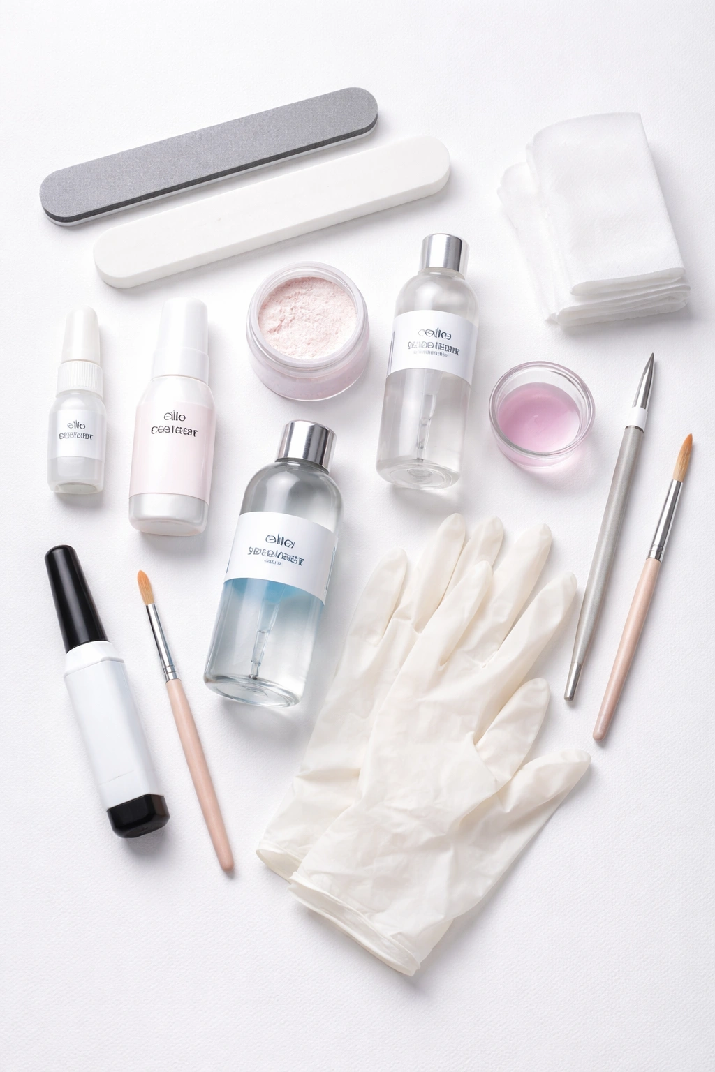 Flat lay of acrylic nail repair supplies on clean surface