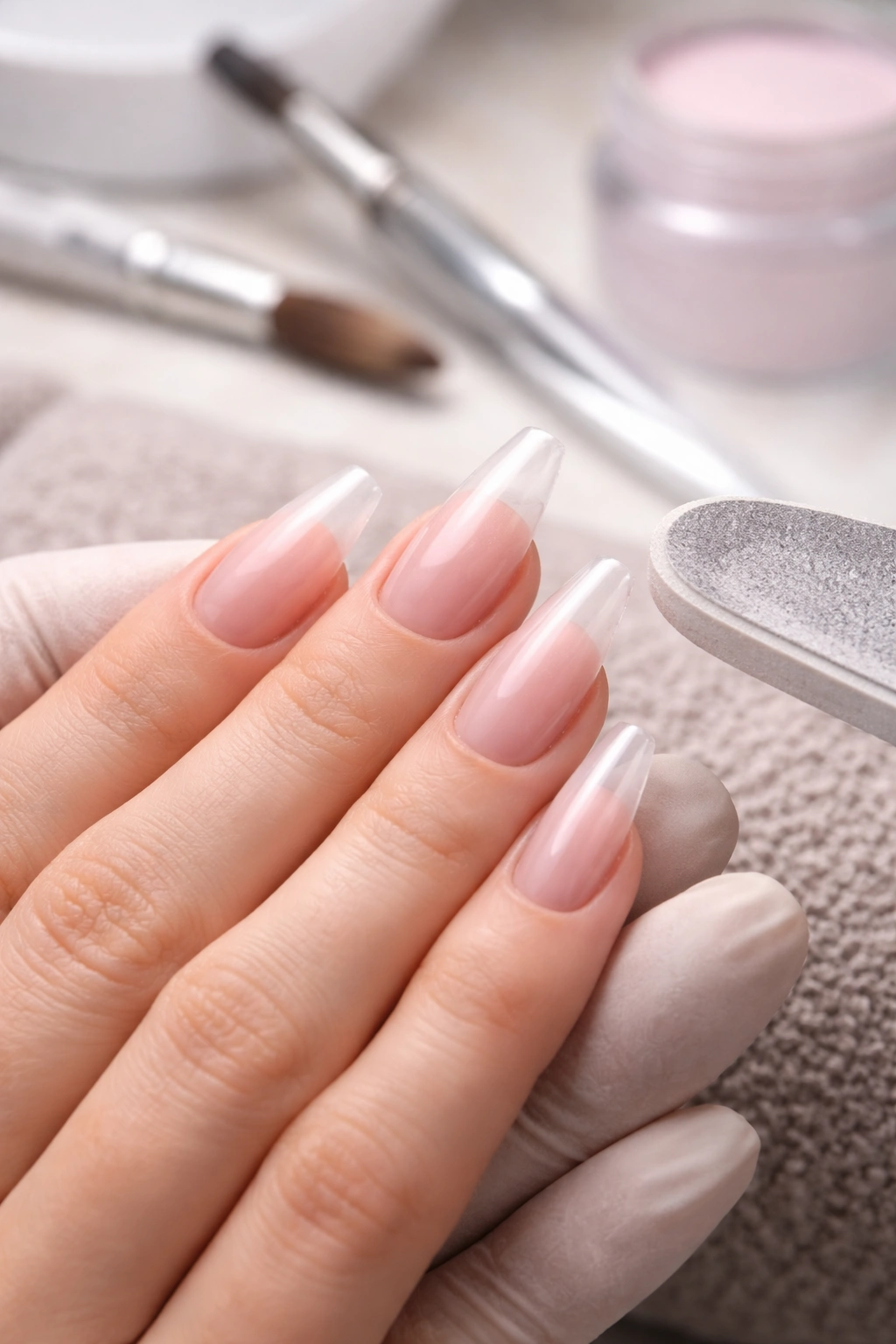 Close-up of a hand with freshly sculpted acrylic nails showing shaping