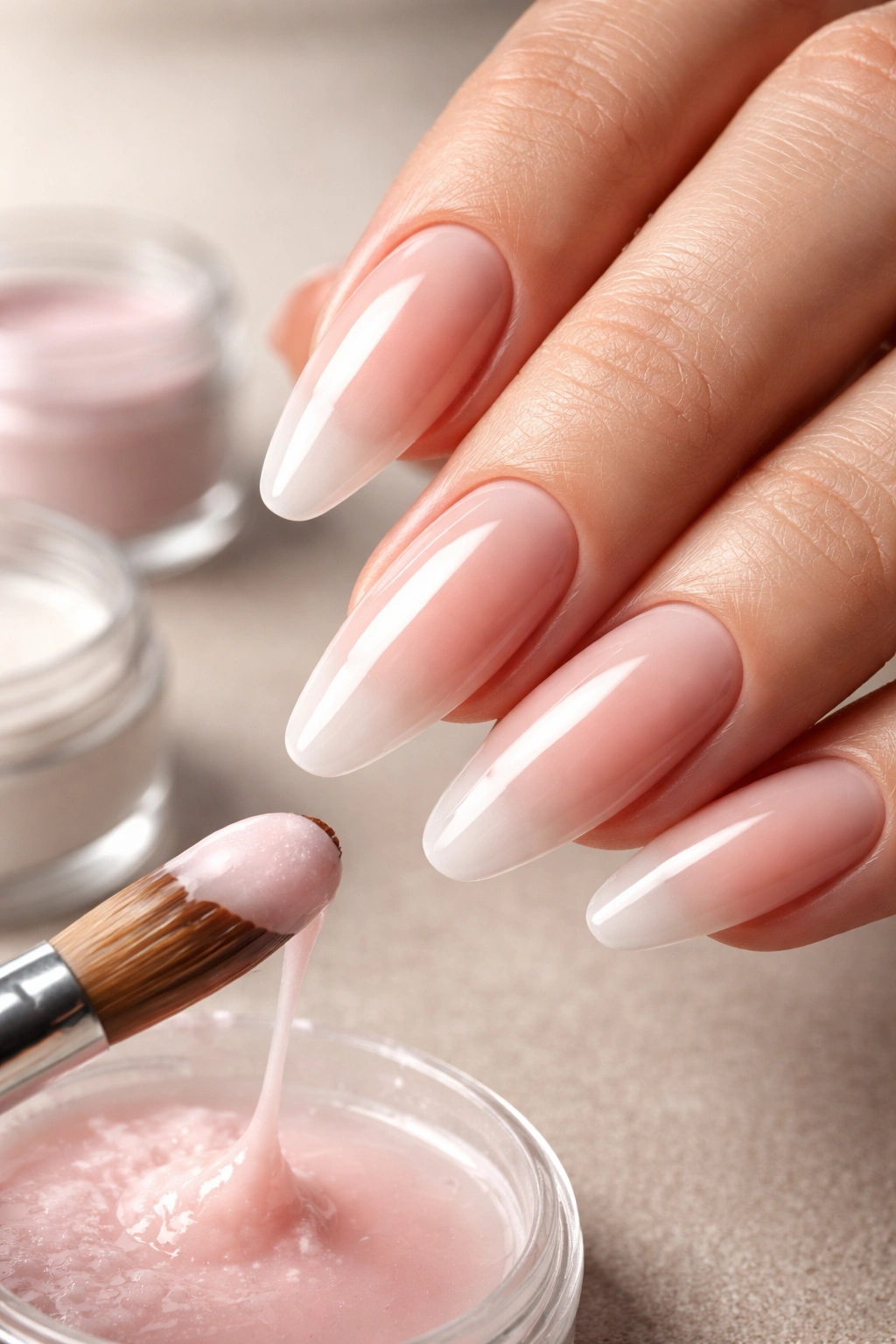 Close-up of acrylic nails with sculpted apex