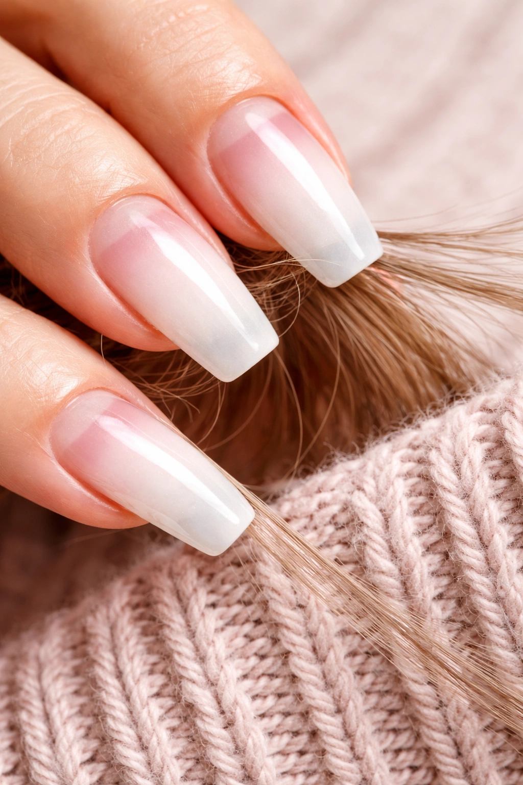 Close-up of acrylic nails snagging on hair and fabric