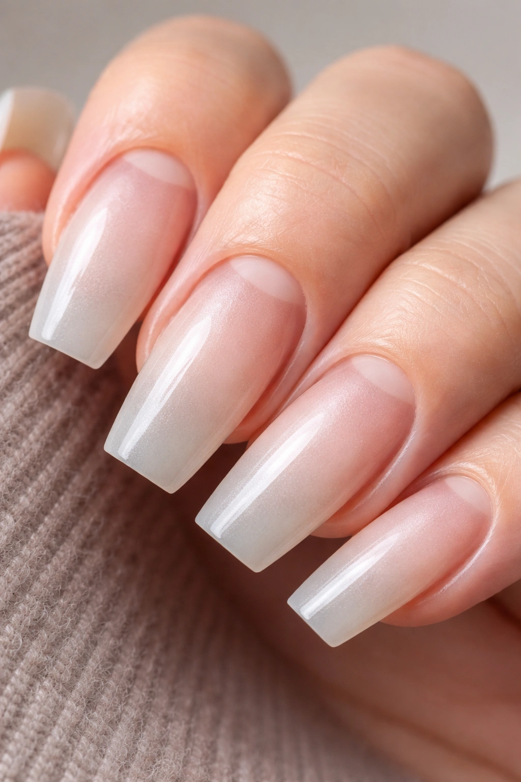Close-up of acrylic nails with changed shape and apex position