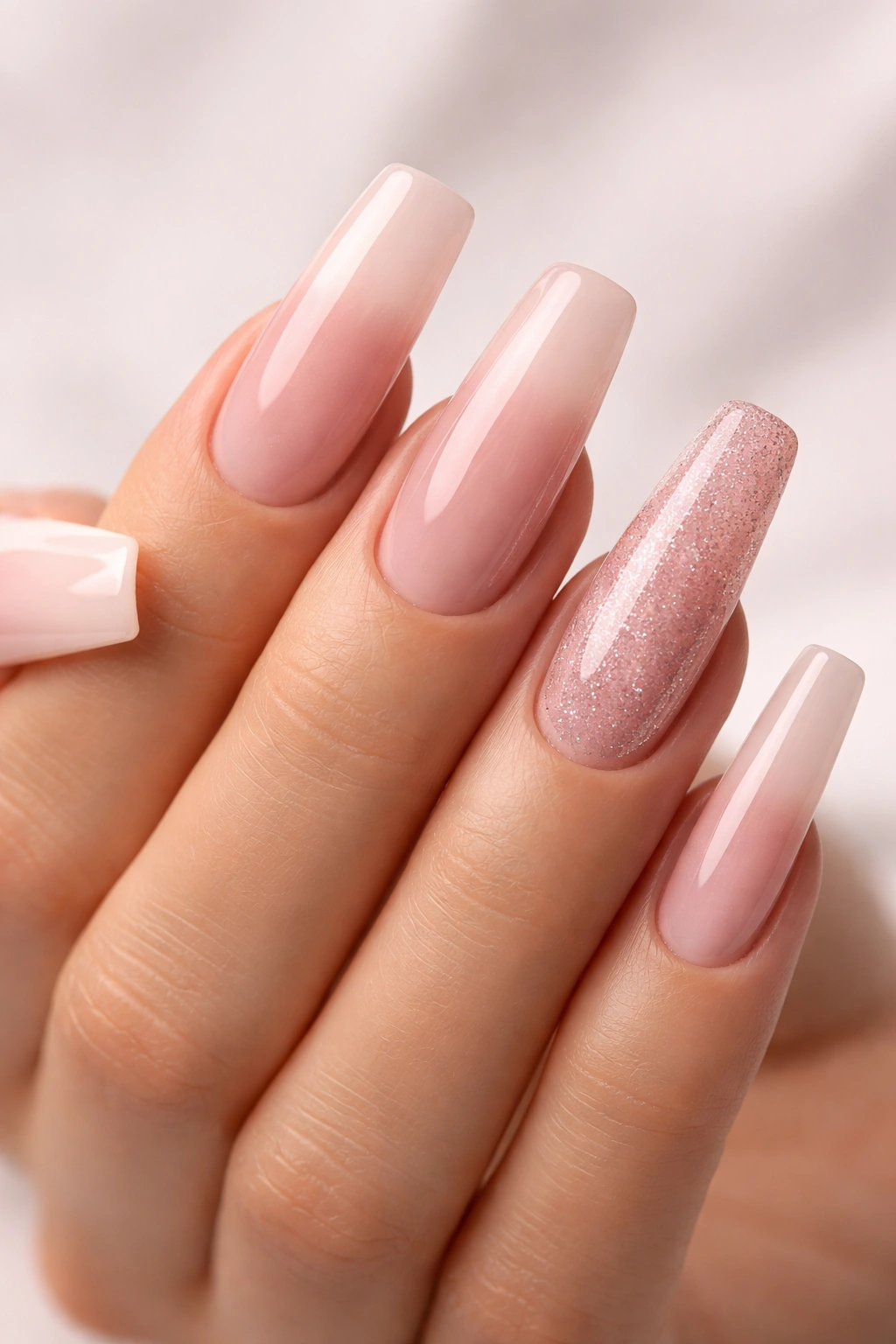 Close-up of thick glossy acrylic nails on a hand