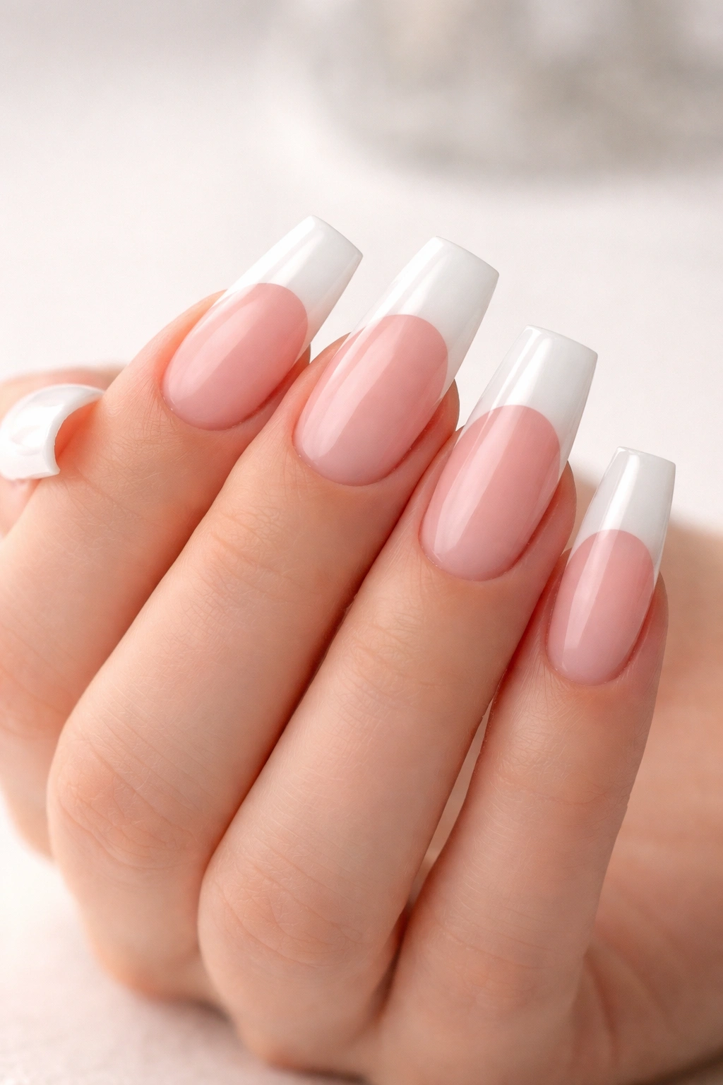 Close-up of thick acrylic nails on fingers