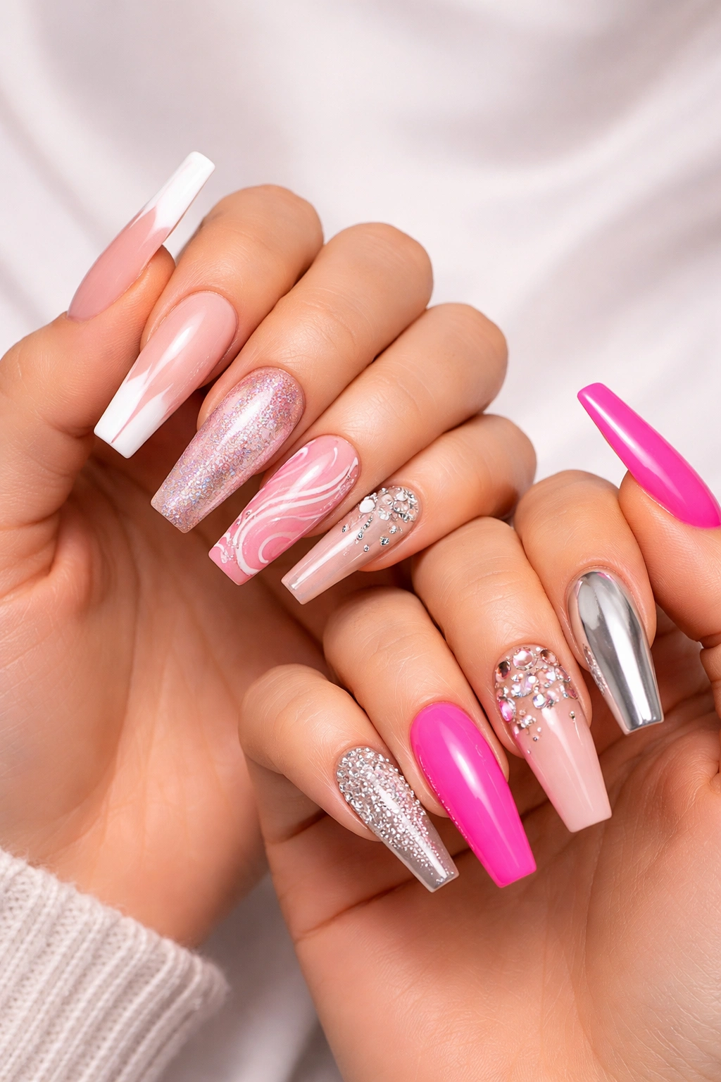 Close-up of strong acrylic nails with bold shapes