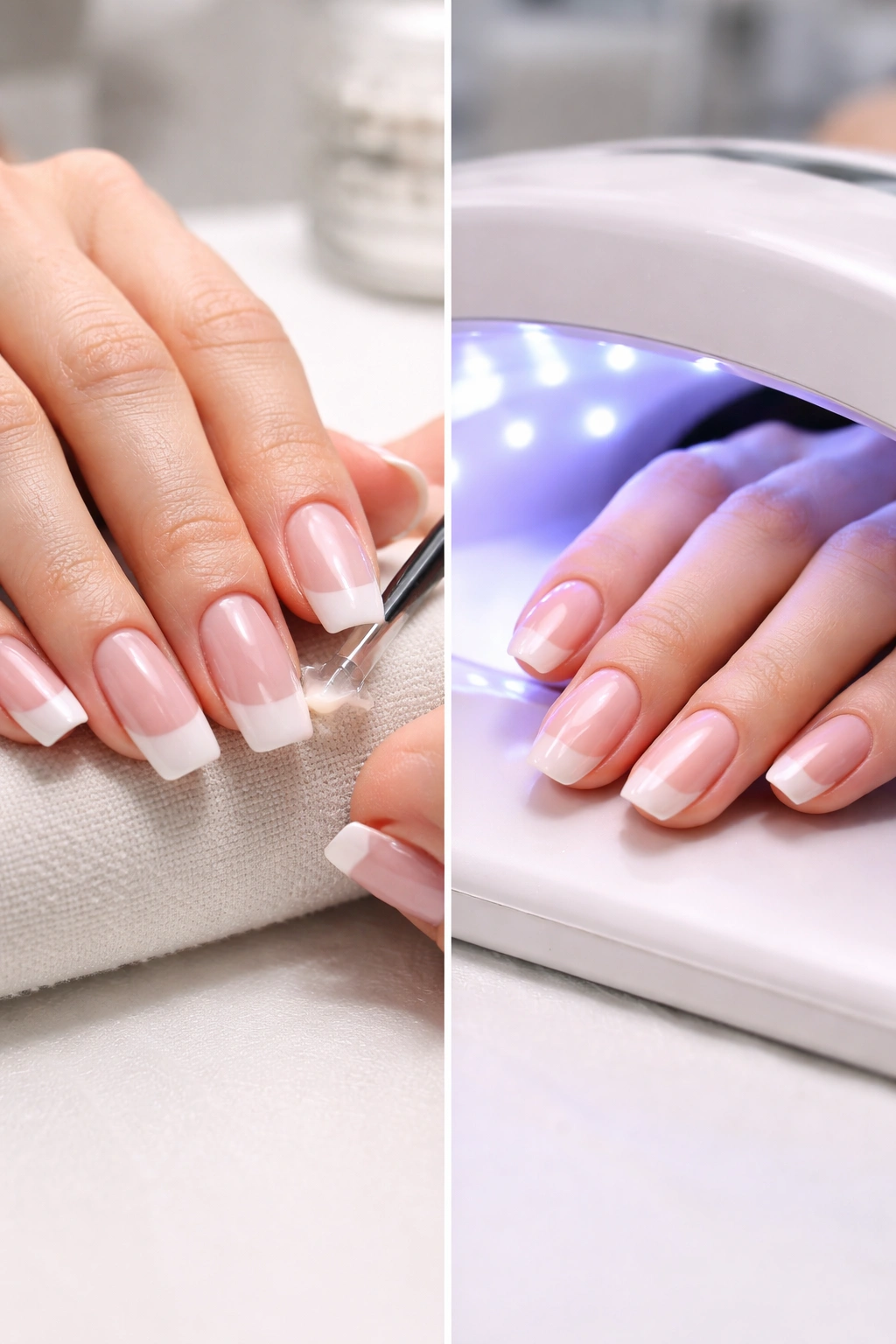 Close-up of acrylic and gel nails on two hands, showing difference in nail enhancements