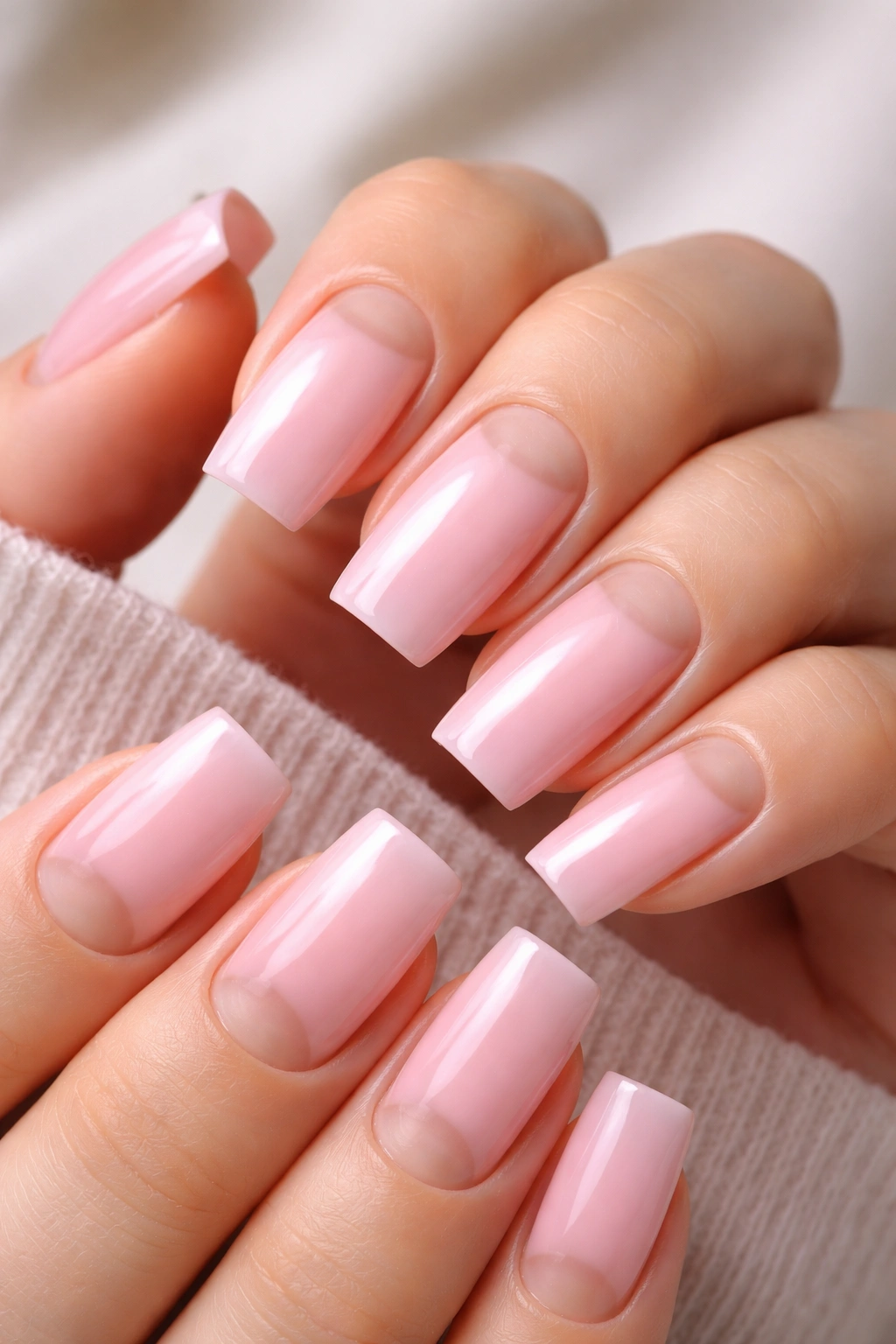 Close-up of nails showing growth at the cuticle on soft pink acrylic nails