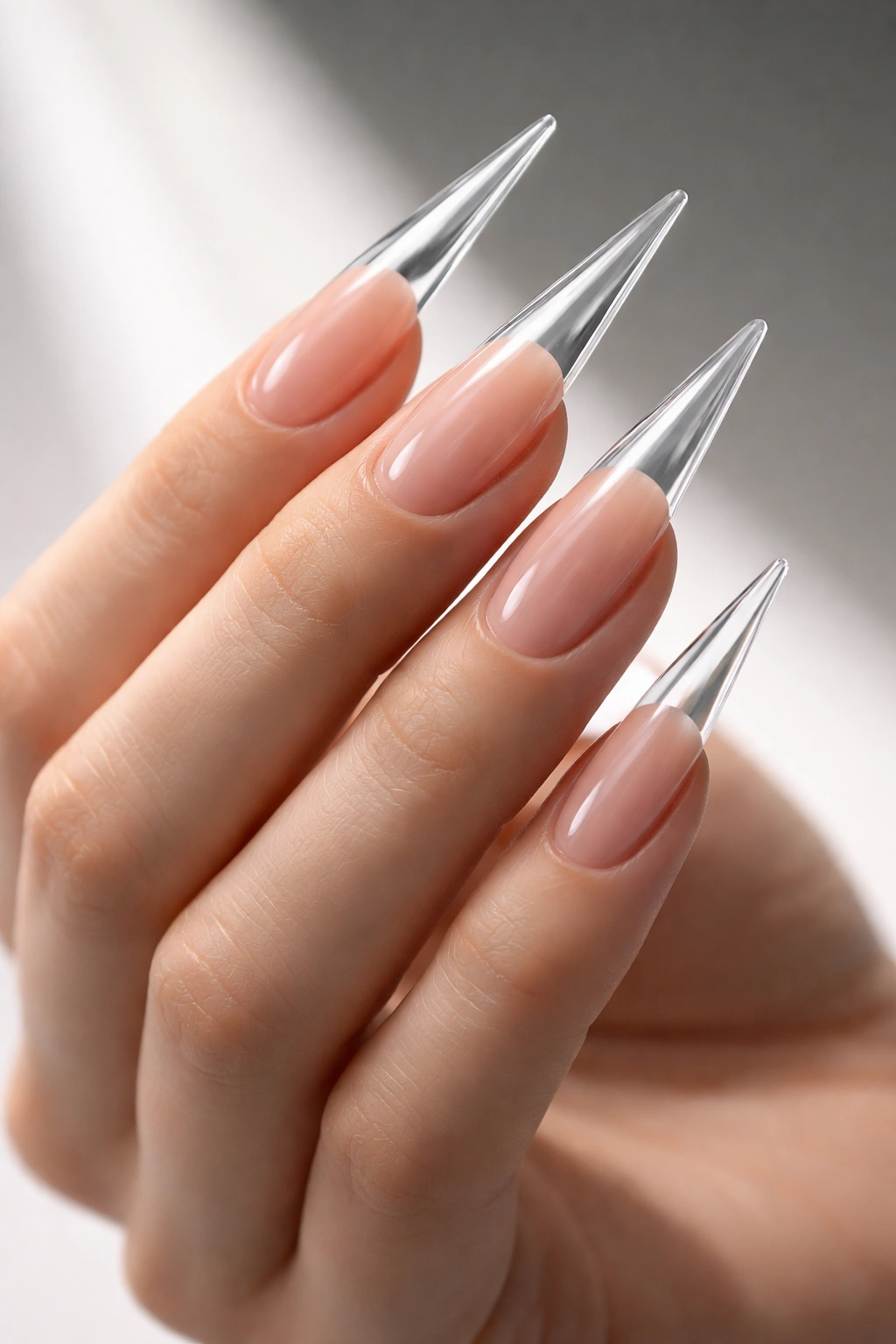 Close-up of hand with long acrylic nails in stiletto shape