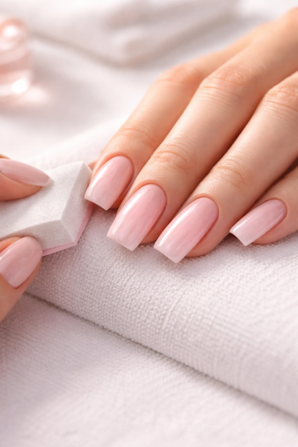 Close-up of square pink acrylic nails with visible cuticle growth